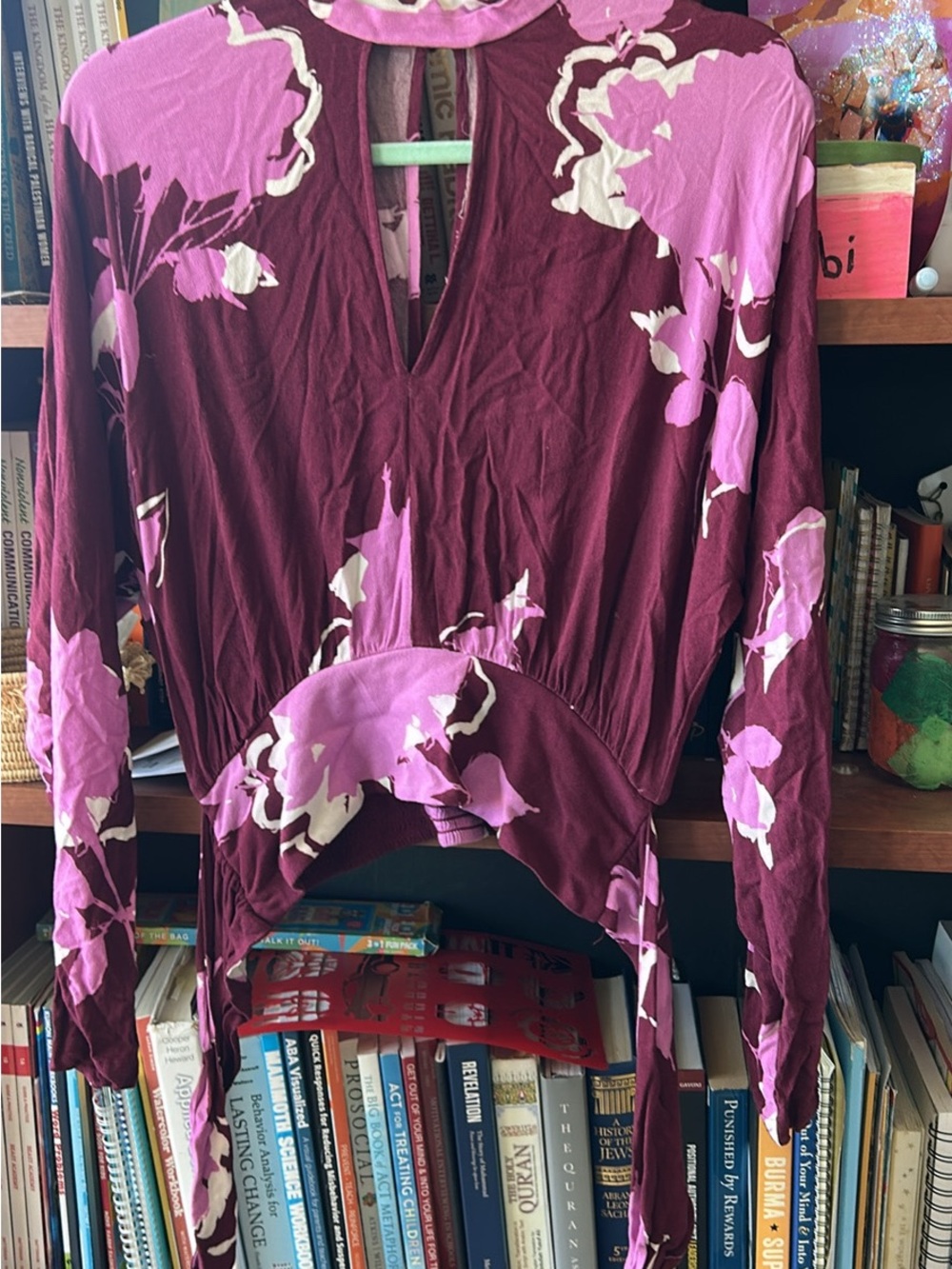 Women's Floral Burgundy and Pink Long-Sleeve Top